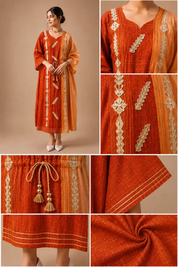 Aira Embellished Kaftan Front Back Side Views with Embroidery and Fabric Detail Close Ups