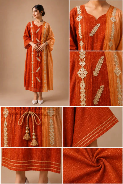Aira Embellished Kaftan Front Back Side Views with Embroidery and Fabric Detail Close Ups