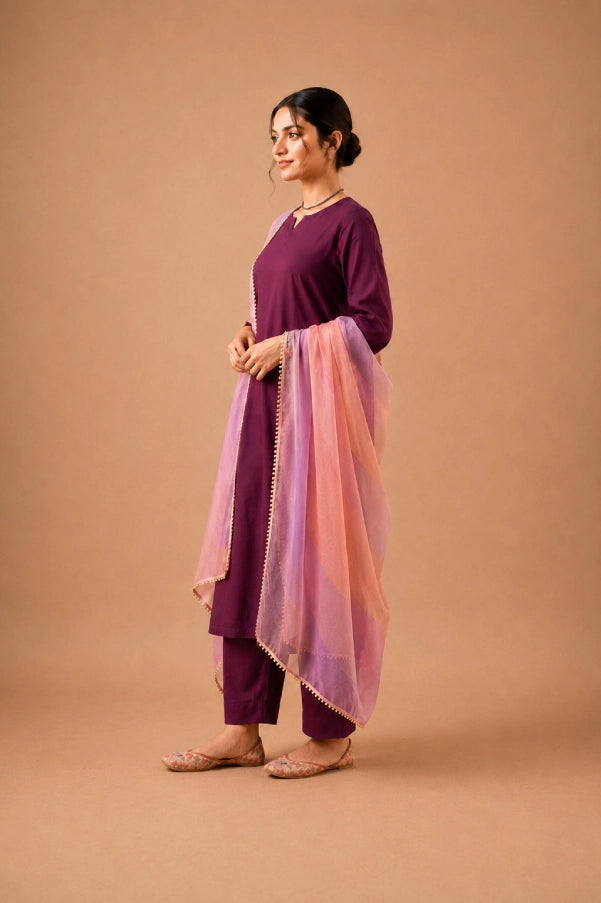 Aira Mulberry Grace Kurta Set Side View Showcasing Elegant Mulberry Silhouette