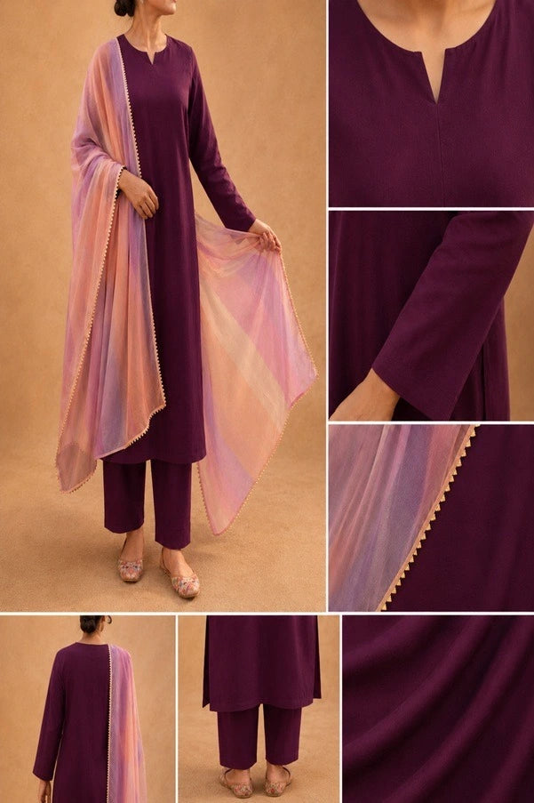 Aira Mulberry Grace Kurta Set Zoom Front Back Side and Fabric Detail Views
