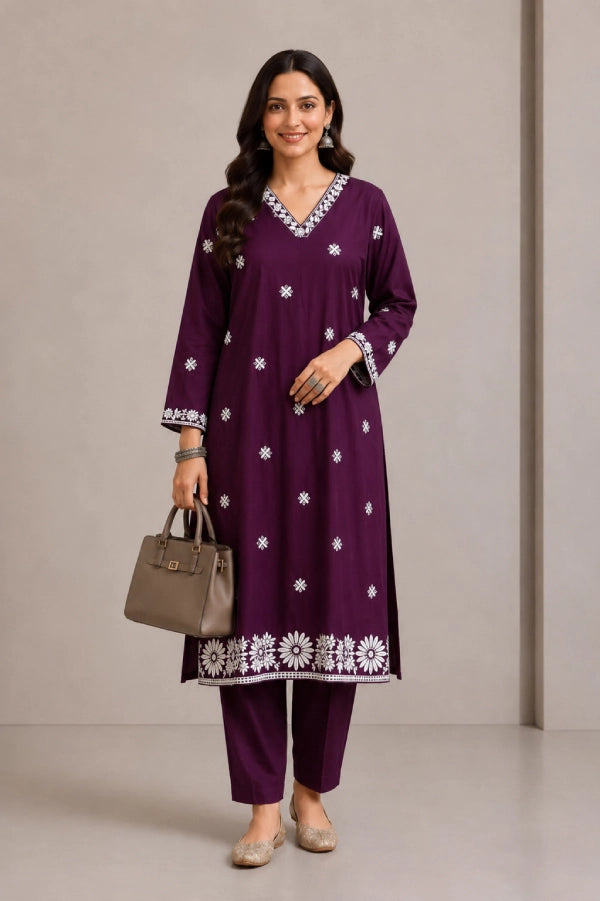 Aira Plum Pheran Set Front View