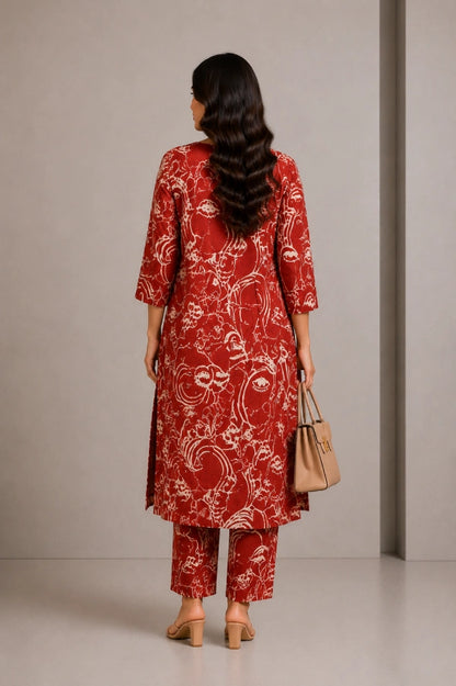 Aira Rust Abstract Print Kurta Set Back View