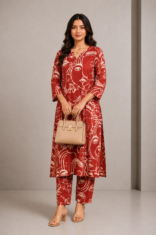 Aira Rust Abstract Print Kurta Set