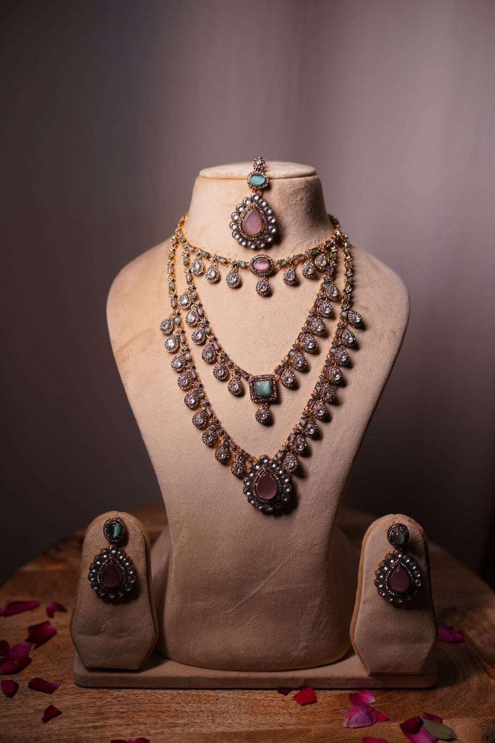 Antique Kundan layered necklace set with multicolor gemstones