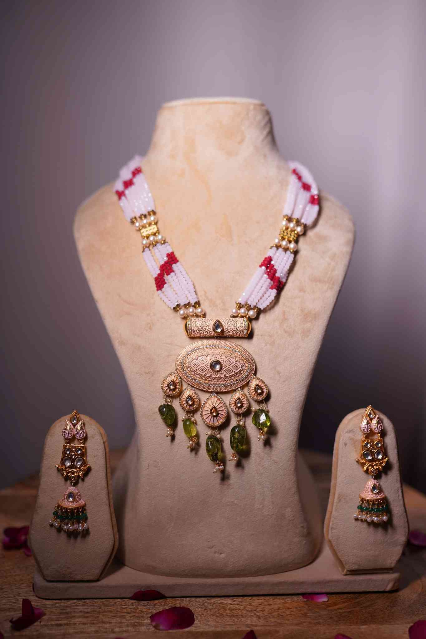 Antique gold jade mala set with green jade drops