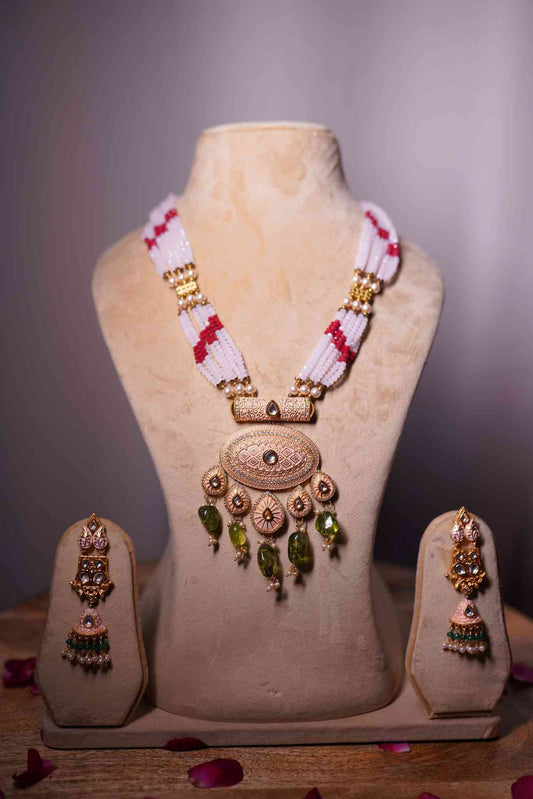 Antique gold jade mala set with green jade drops
