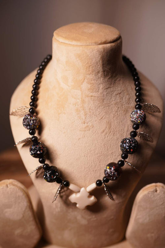 Black Onyx Mala with 925 sterling silver leaf pendant