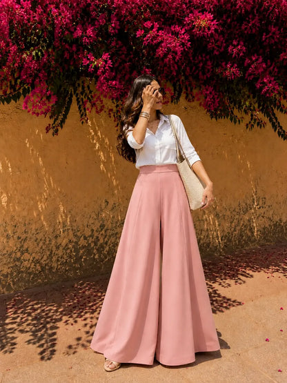 Dusty Rose Tailored Palazzo Trousers – Silk Crepe Back Satin