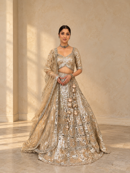 Champagne Gold Mirror Work Bridal Lehenga Set