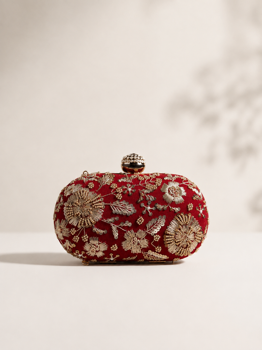 Red Embroidered Clutch with Gold Zari