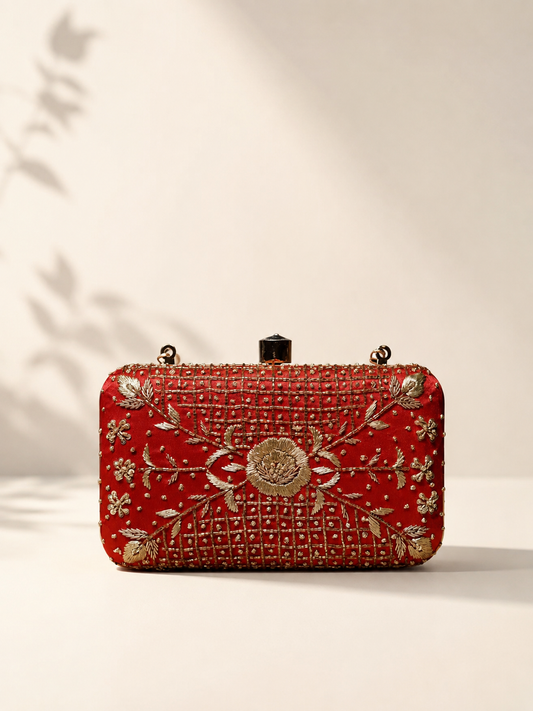 Red Zardozi Box Clutch