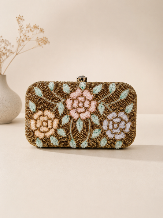 Beaded Floral Clutch - Gold Pastel