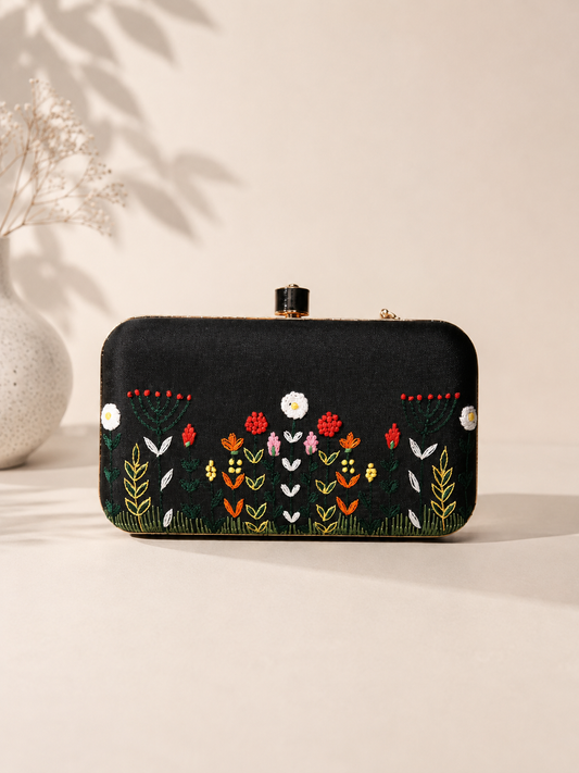 Black Floral Embroidered Box Clutch