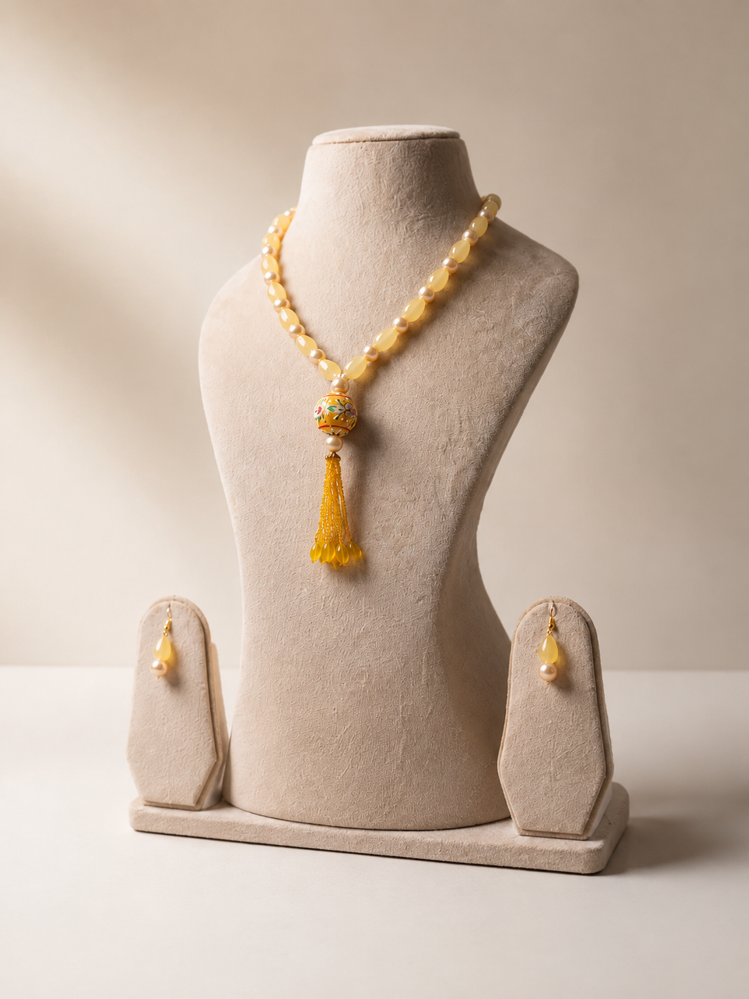 Yellow Jade Mala Set with Meenakari Pendant