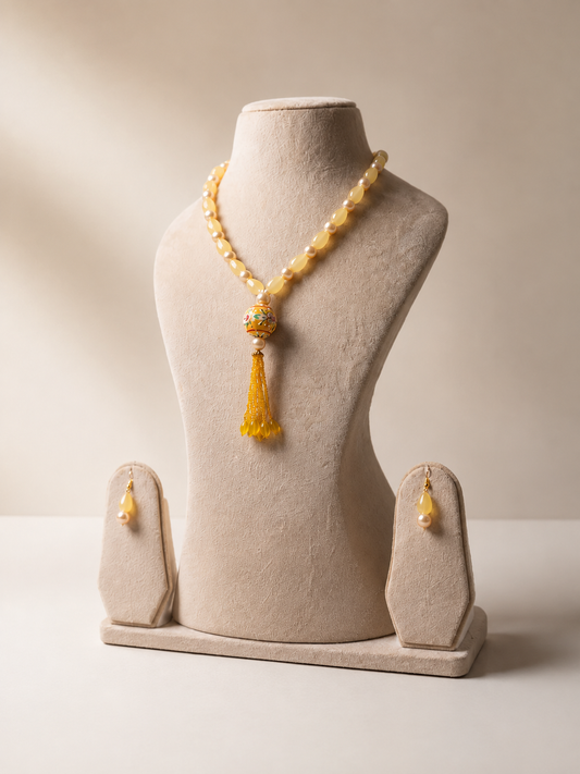 Yellow Jade Mala Set with Meenakari Pendant