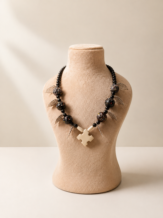 Black Onyx Mala with Sterling Silver Pendant