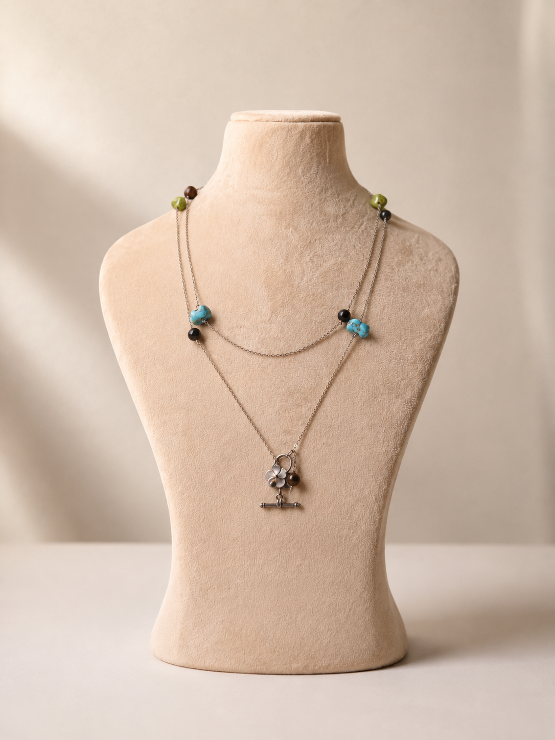 Turquoise & Black Onyx Mala with Silver Pendant
