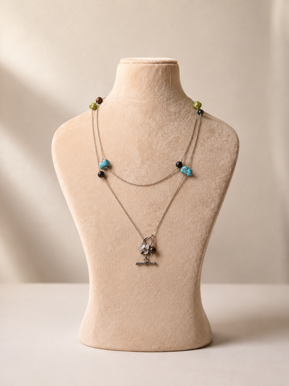 Turquoise & Black Onyx Mala with Silver Pendant