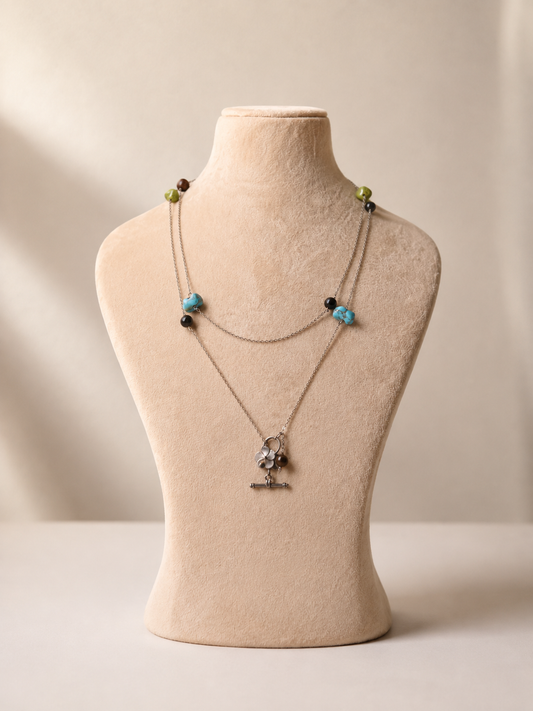 Turquoise & Black Onyx Mala with Silver Pendant