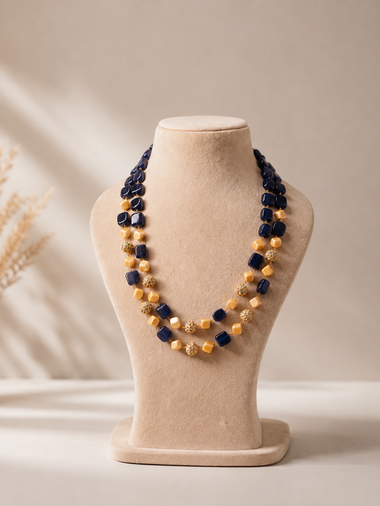 Navy Golden Mala | Dual-Strand Gemstone Necklace | Fashiyano