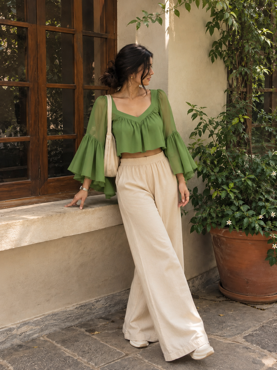 Olive Green Bell Sleeve Top