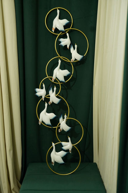 Multicolour Flying Birds with Golden Rings Wall Décor