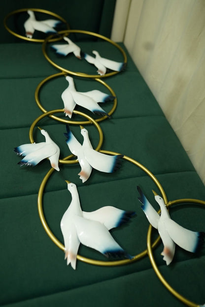 Multicolour Flying Birds with Golden Rings Wall Décor