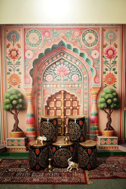 Black Handcrafted Jali Cut Indoor Metal Mudda Furniture
