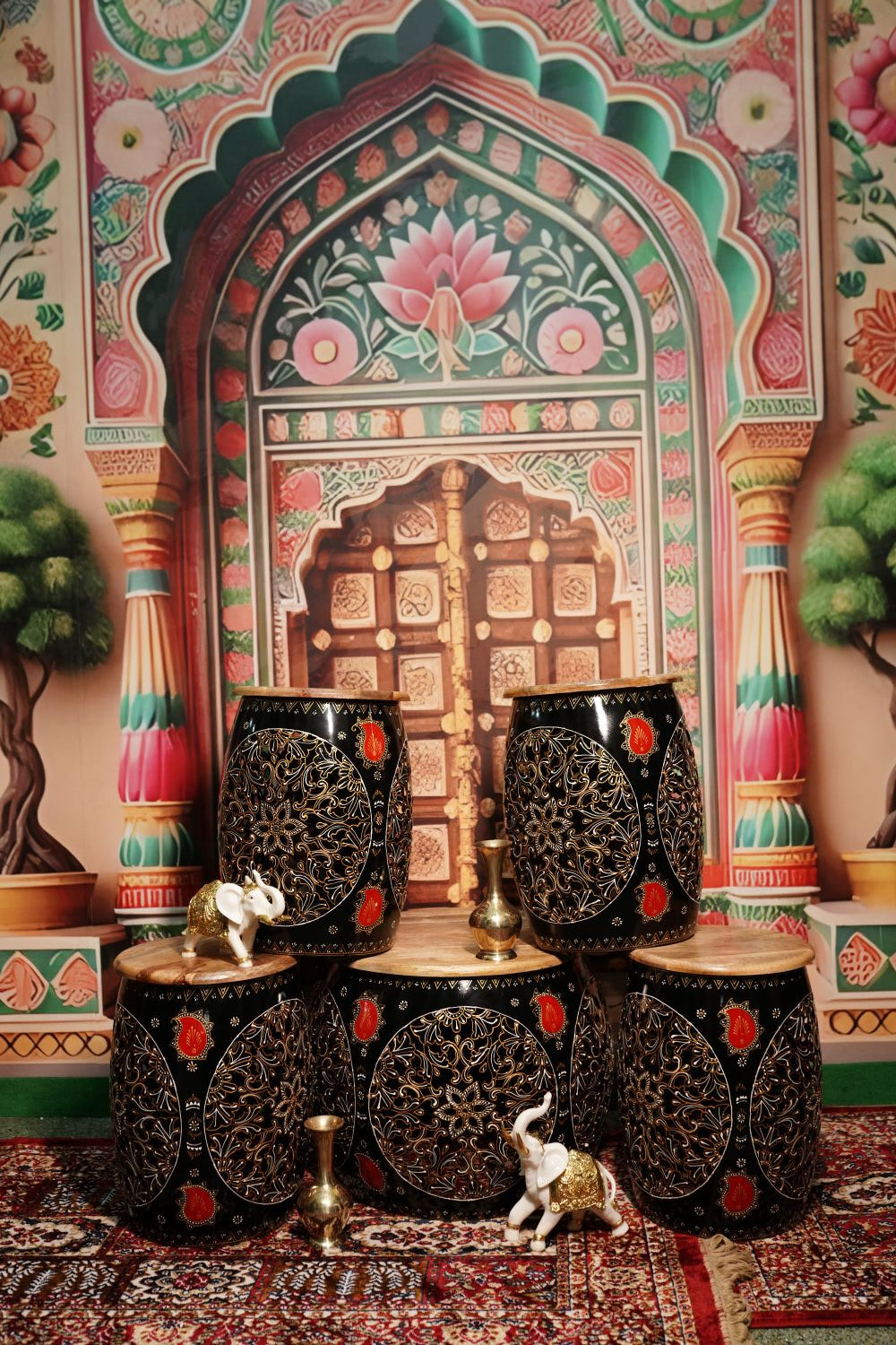 Black Handcrafted Jali Cut Indoor Metal Mudda Furniture