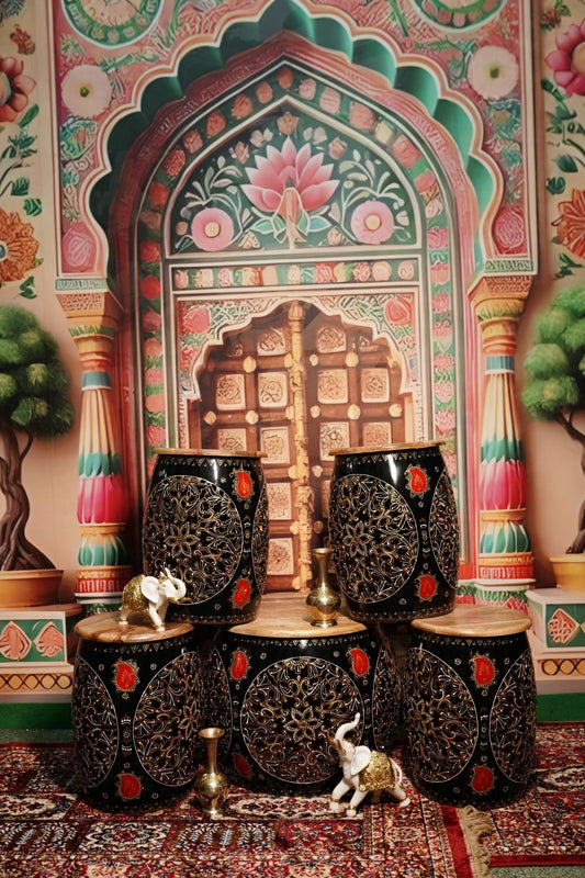 Black Handcrafted Jali Cut Indoor Metal Mudda Furniture