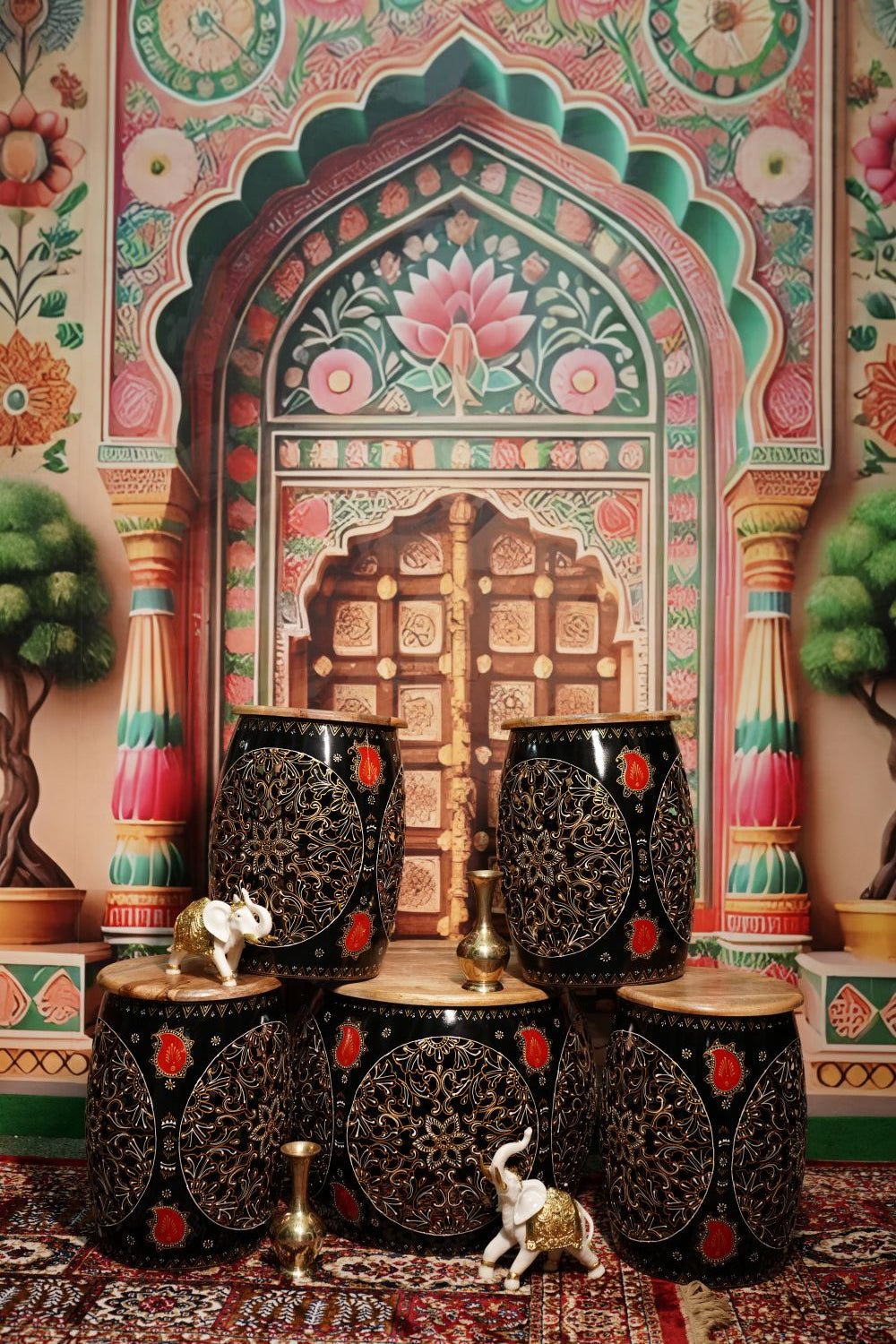 Black Handcrafted Jali Cut Indoor Metal Mudda Furniture