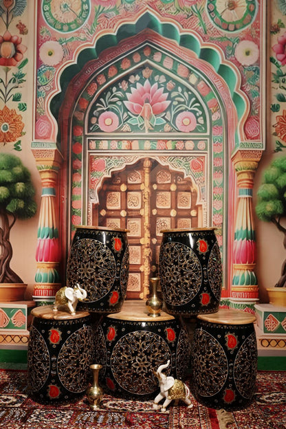 Black Handcrafted Jali Cut Indoor Metal Mudda Furniture