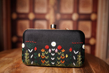 Black Floral Embroidered Box Clutch