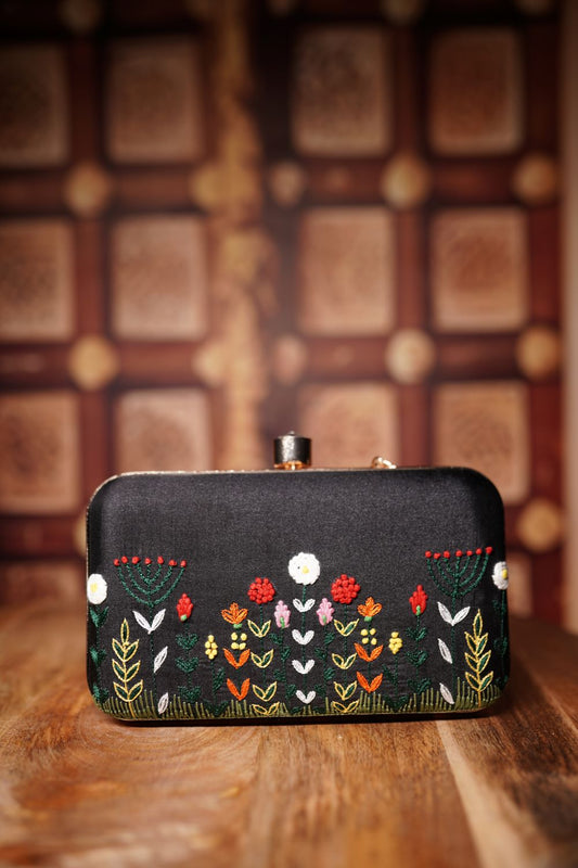 Black Floral Embroidered Box Clutch