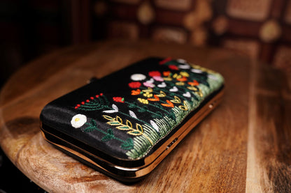 Black Floral Embroidered Box Clutch