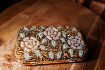 Beaded Floral Clutch - Gold Pastel