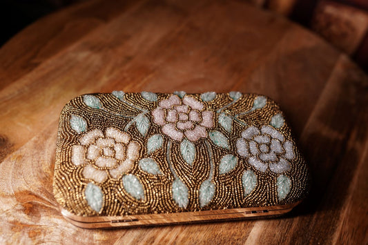 Beaded Floral Clutch - Gold Pastel