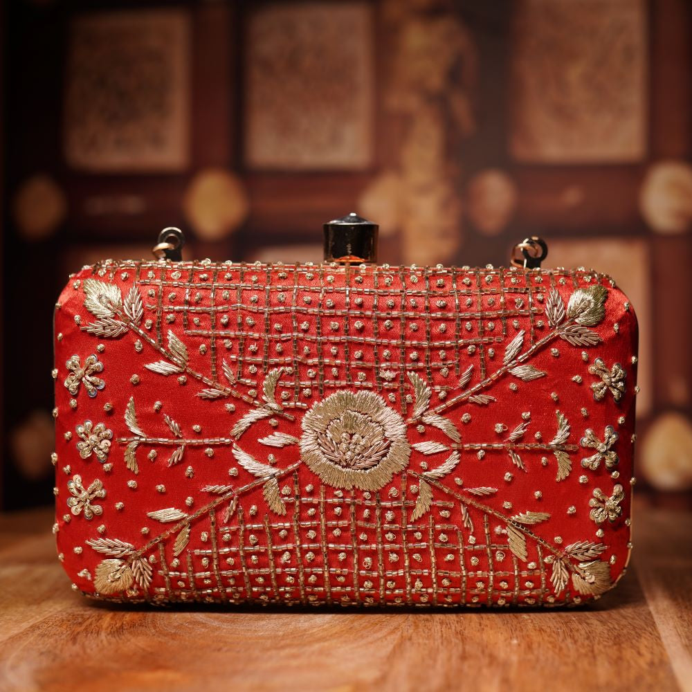 Red Zardozi Box Clutch