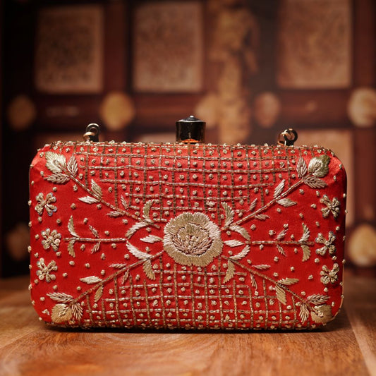 Red Zardozi Box Clutch