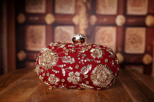 Red Embroidered Clutch with Gold Zari