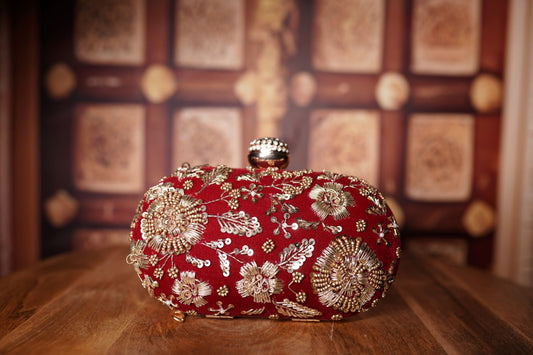 Red Embroidered Clutch with Gold Zari