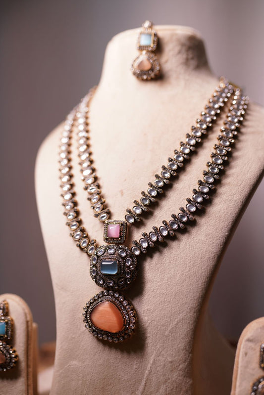 Oxidized Silver Necklace Set with Gemstone Accents