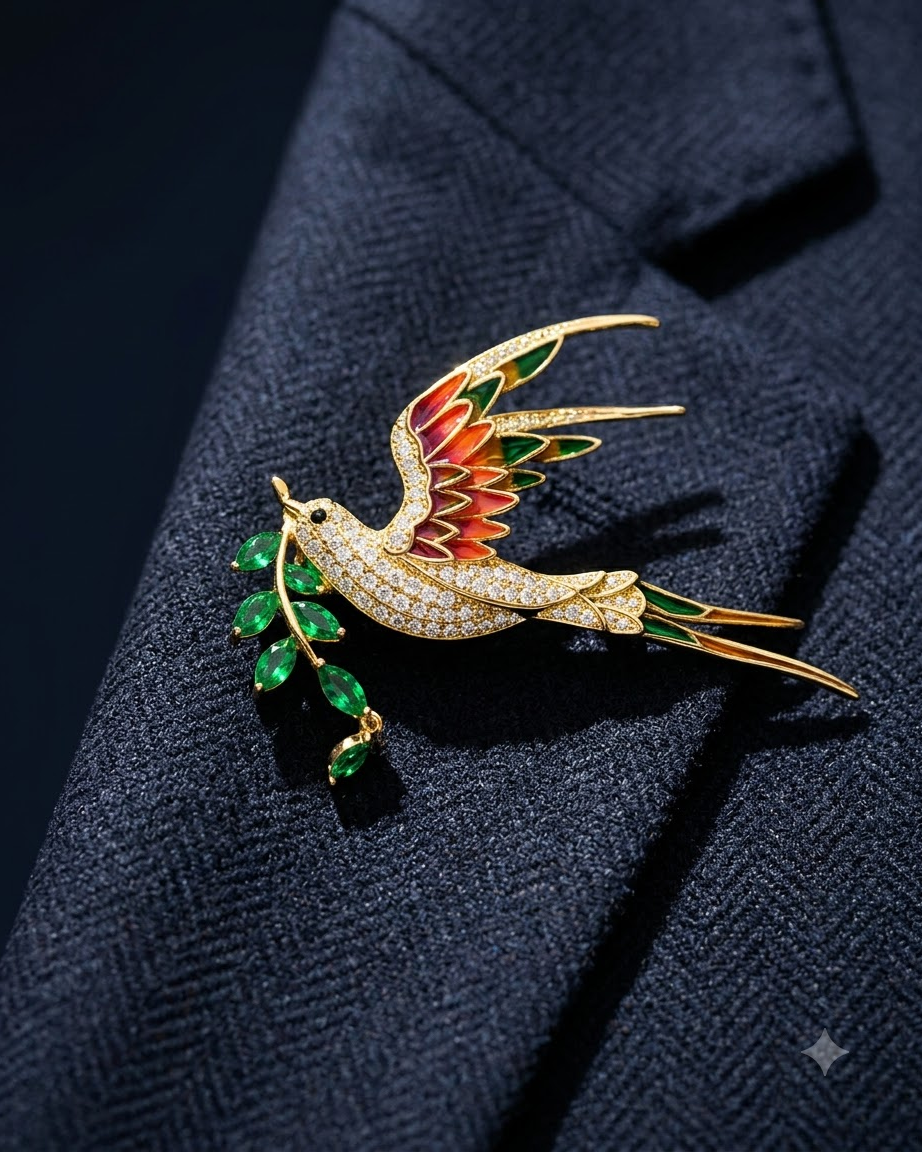 Emerald Crane Enamel Brooch