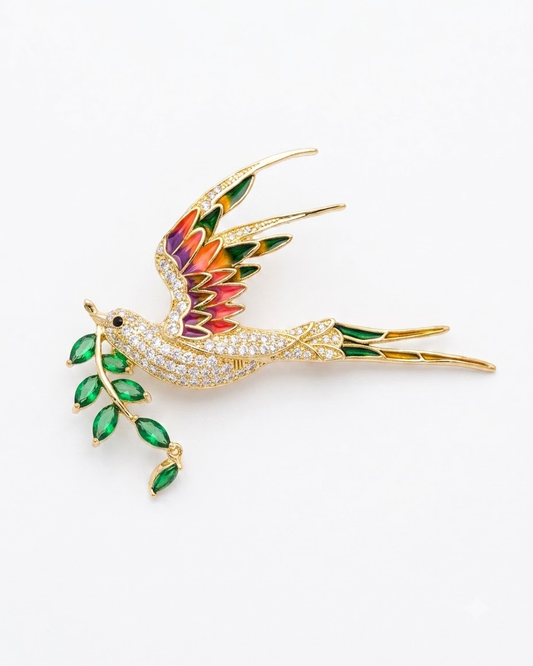 Emerald Crane Enamel Brooch