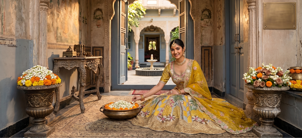 A woman in an ornate yellow and gold embroidered traditional Indian outfit sits on a patterned rug in a historic courtyard corridor, surrounded by floral arrangements and architectural detail.