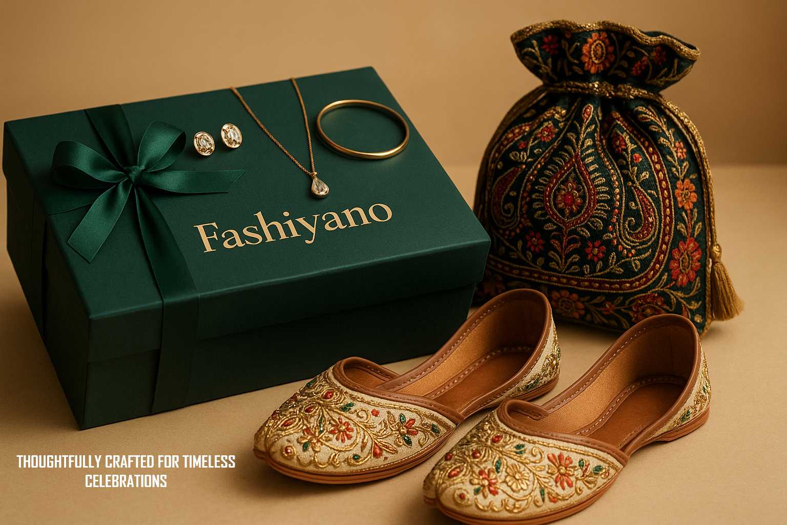 Fashiyano luxury gift set featuring a curated selection of ethnic accessories and jewelry, beautifully presented in a signature brand box for festive gifting.