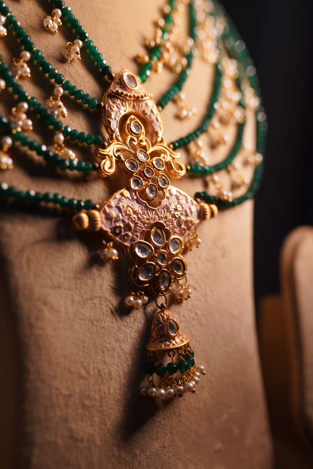 Grand emerald beaded mala set with matching earrings