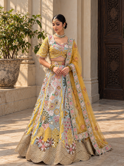 Antique Gold Floral Embroidered Bridal Lehenga Set