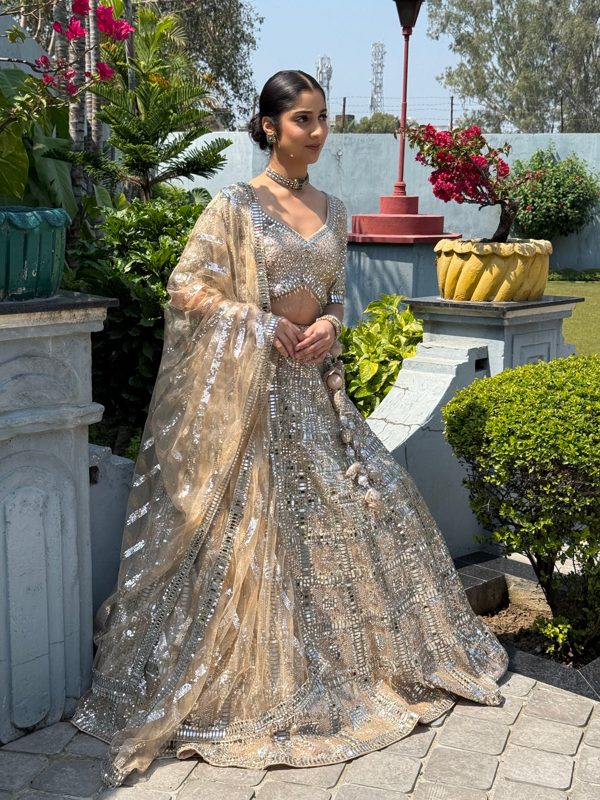 Champagne Gold Mirror Work Bridal Lehenga Set