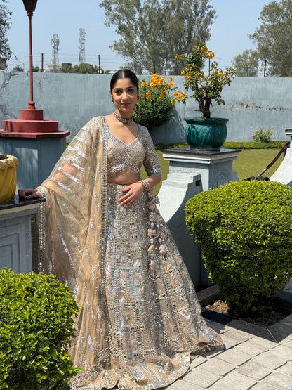 Champagne Gold Mirror Work Bridal Lehenga Set